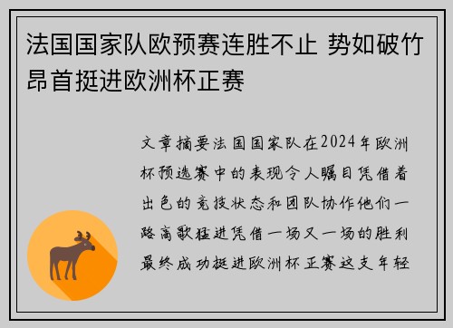 法国国家队欧预赛连胜不止 势如破竹昂首挺进欧洲杯正赛