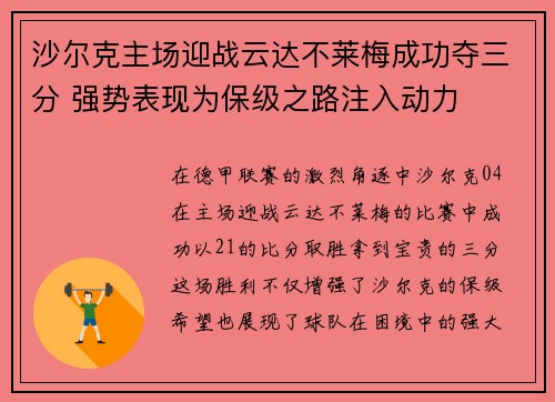 沙尔克主场迎战云达不莱梅成功夺三分 强势表现为保级之路注入动力
