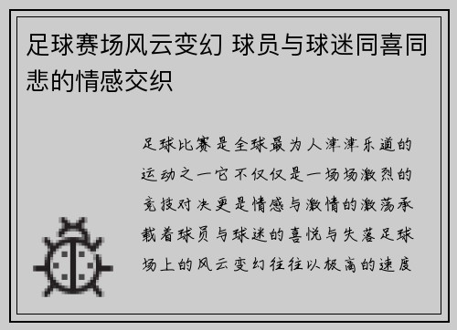 足球赛场风云变幻 球员与球迷同喜同悲的情感交织