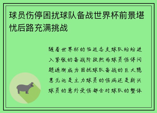 球员伤停困扰球队备战世界杯前景堪忧后路充满挑战