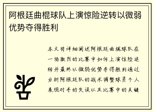 阿根廷曲棍球队上演惊险逆转以微弱优势夺得胜利