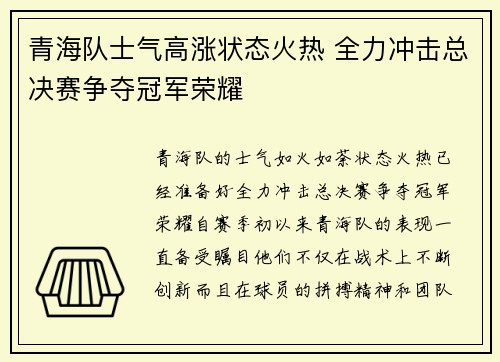 青海队士气高涨状态火热 全力冲击总决赛争夺冠军荣耀