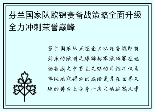 芬兰国家队欧锦赛备战策略全面升级全力冲刺荣誉巅峰